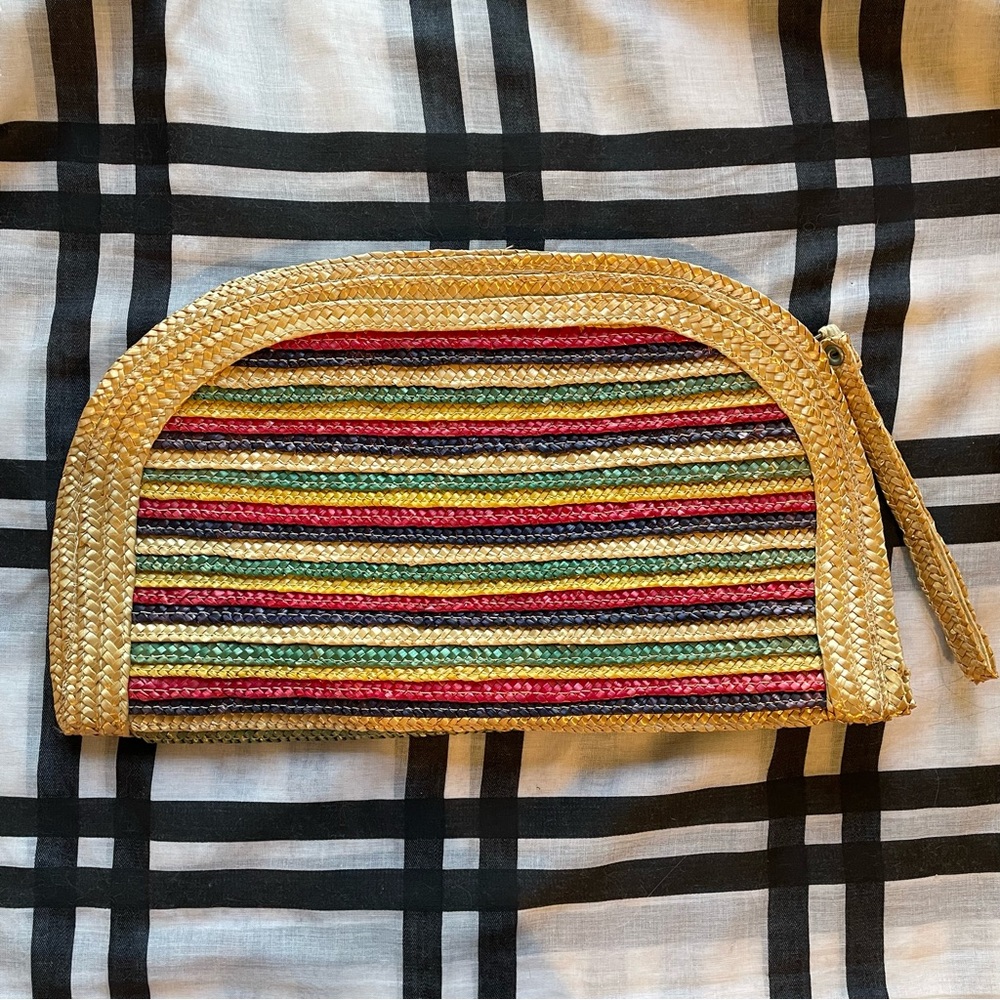 Fabulous Vintage Large Striped Colors Straw Clutch Purse